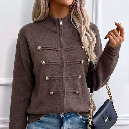 Cárdigan de punto para mujer con cuello alto, cremallera y botones decorativos