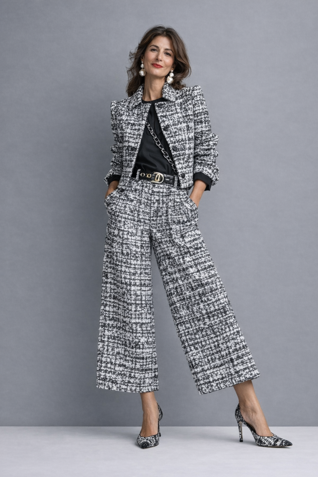 Conjunto de mujer en tweed con chaqueta corta y pantalón ancho