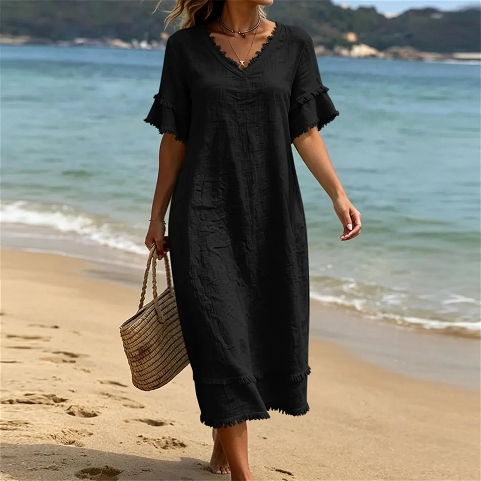 Vestido mujer bohemio con cuello en V y flecos