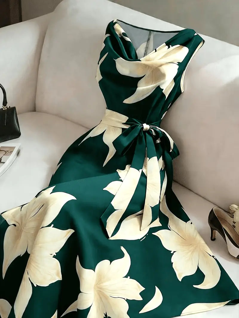Vestido midi floral para mujer sin mangas con cintura atada