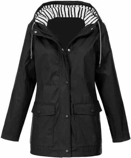 Chaqueta impermeable de mujer con capucha y bolsillos frontales
