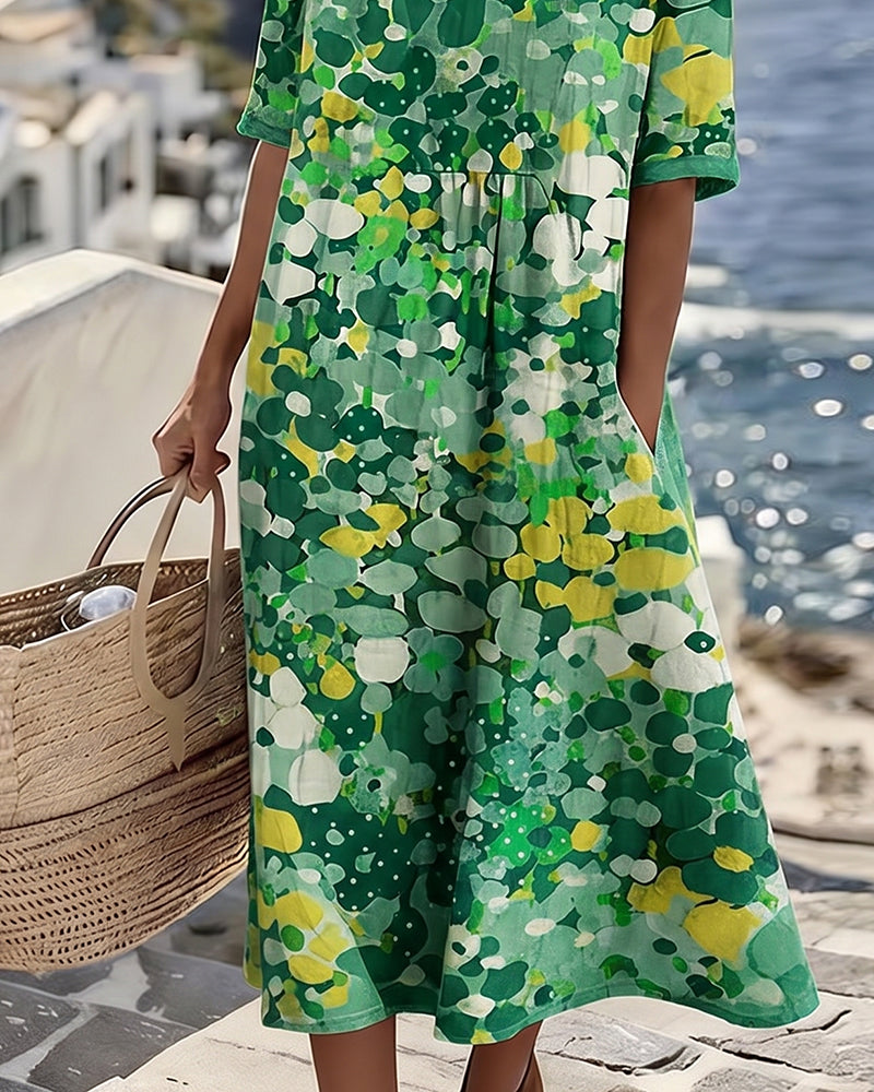 Vestido midi mujer algodón lino estampado flores abstractas bolsillos verano