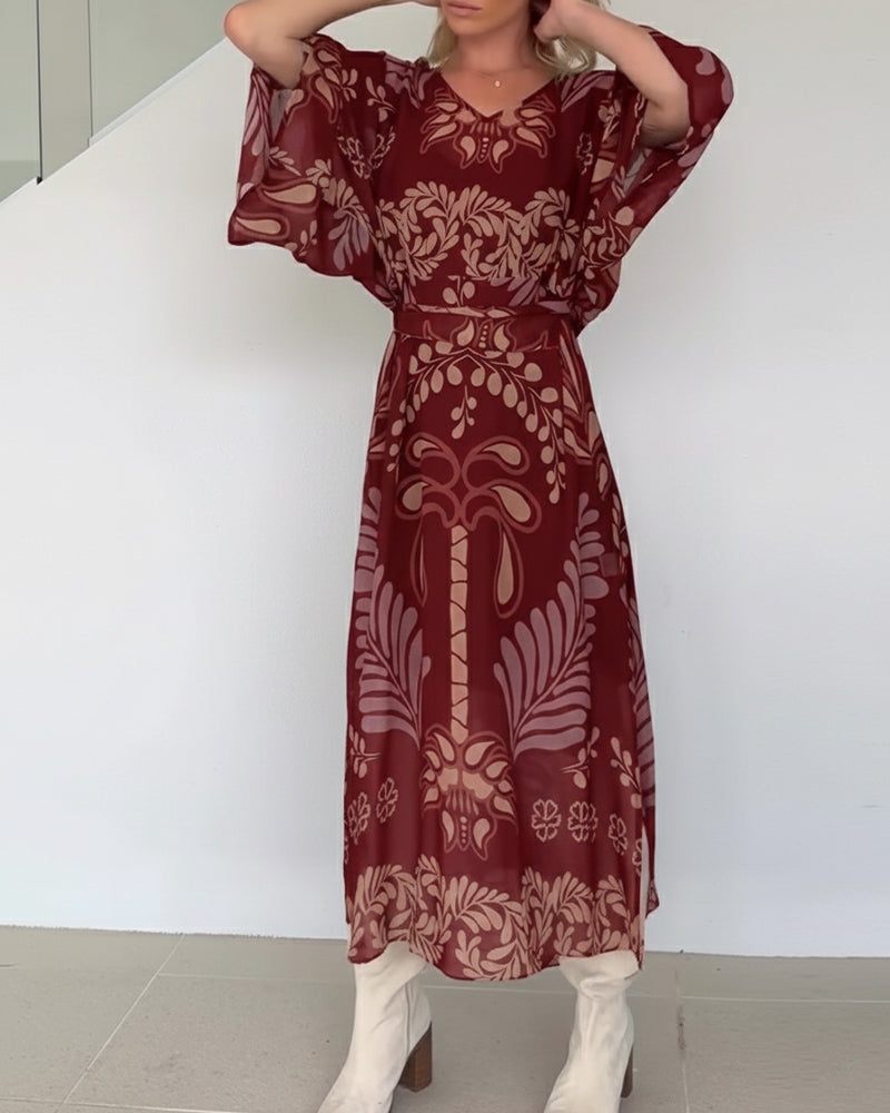 Vestido bohemio mujer maxi estampado hojas fluido elegante