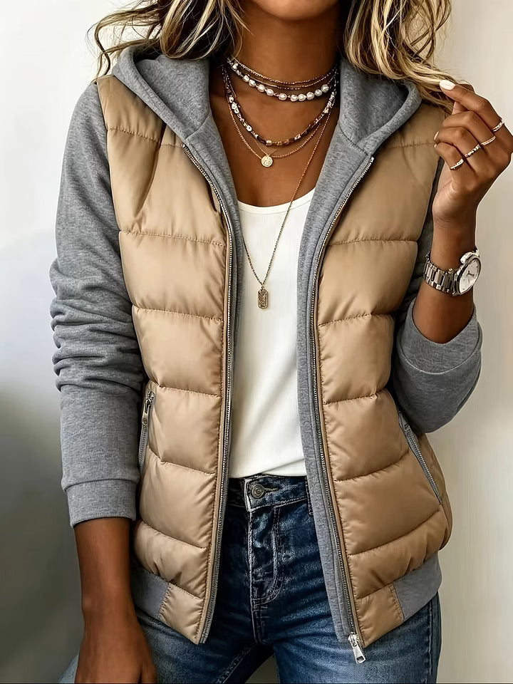 Chaqueta acolchada bicolor para mujer con capucha y cremallera