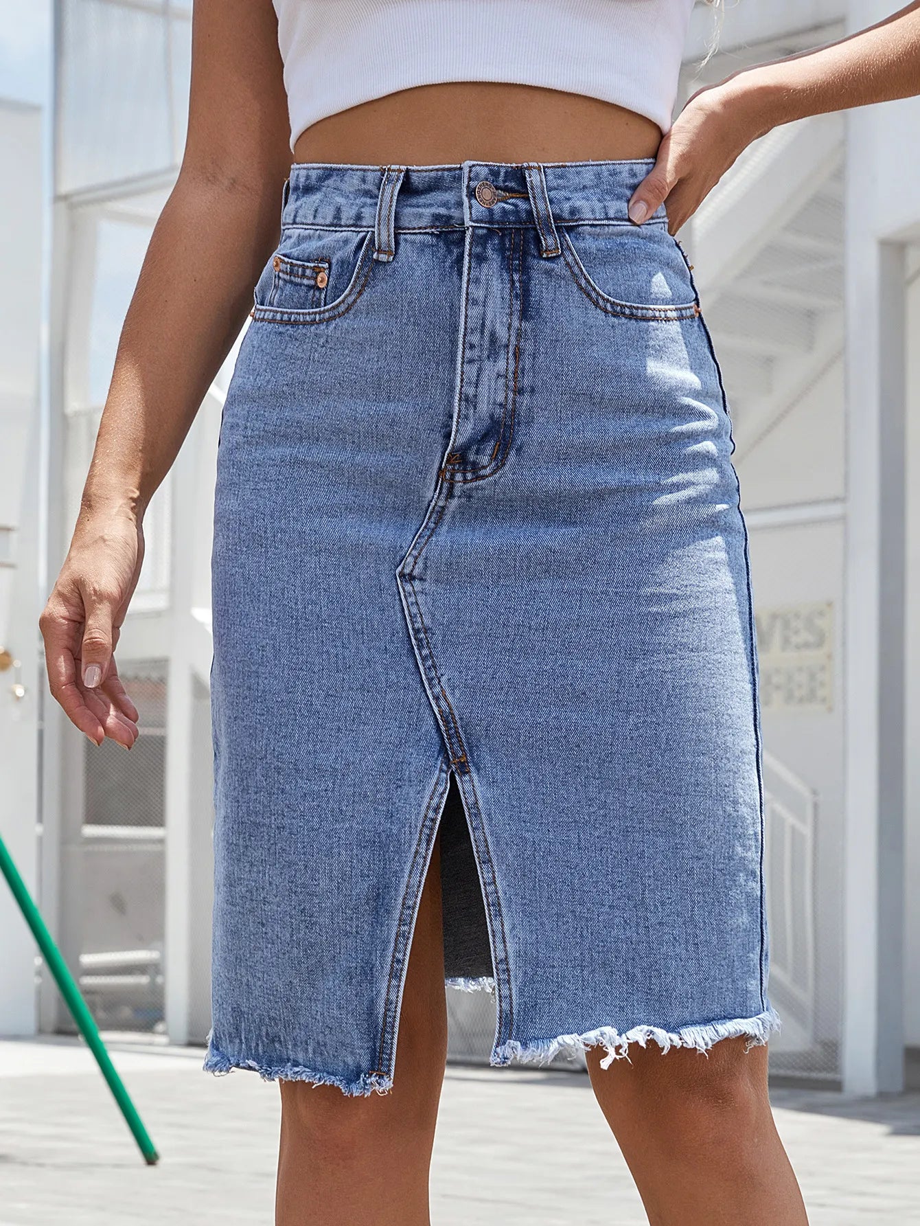 Falda midi vaquera mujer talle alto con abertura frontal
