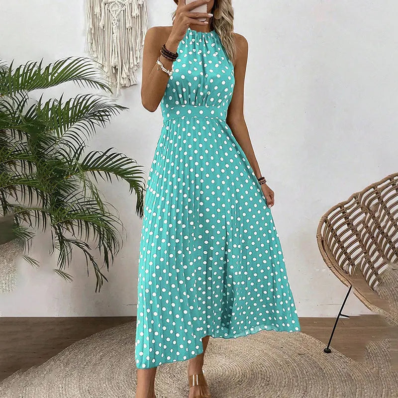 Vestido maxi de mujer con lunares y cuello halter