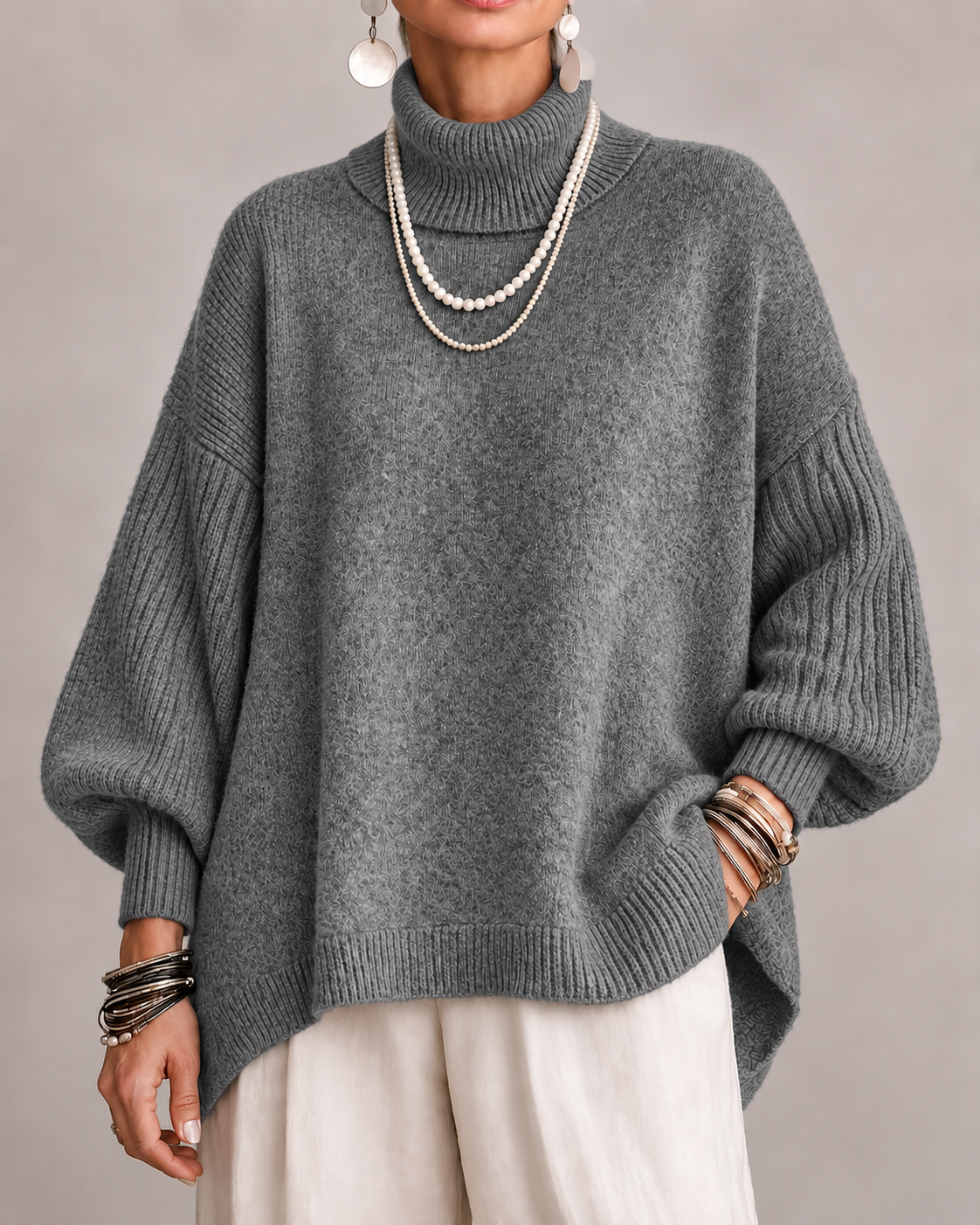 Suéter oversize para mujer con cuello alto y mangas acanaladas