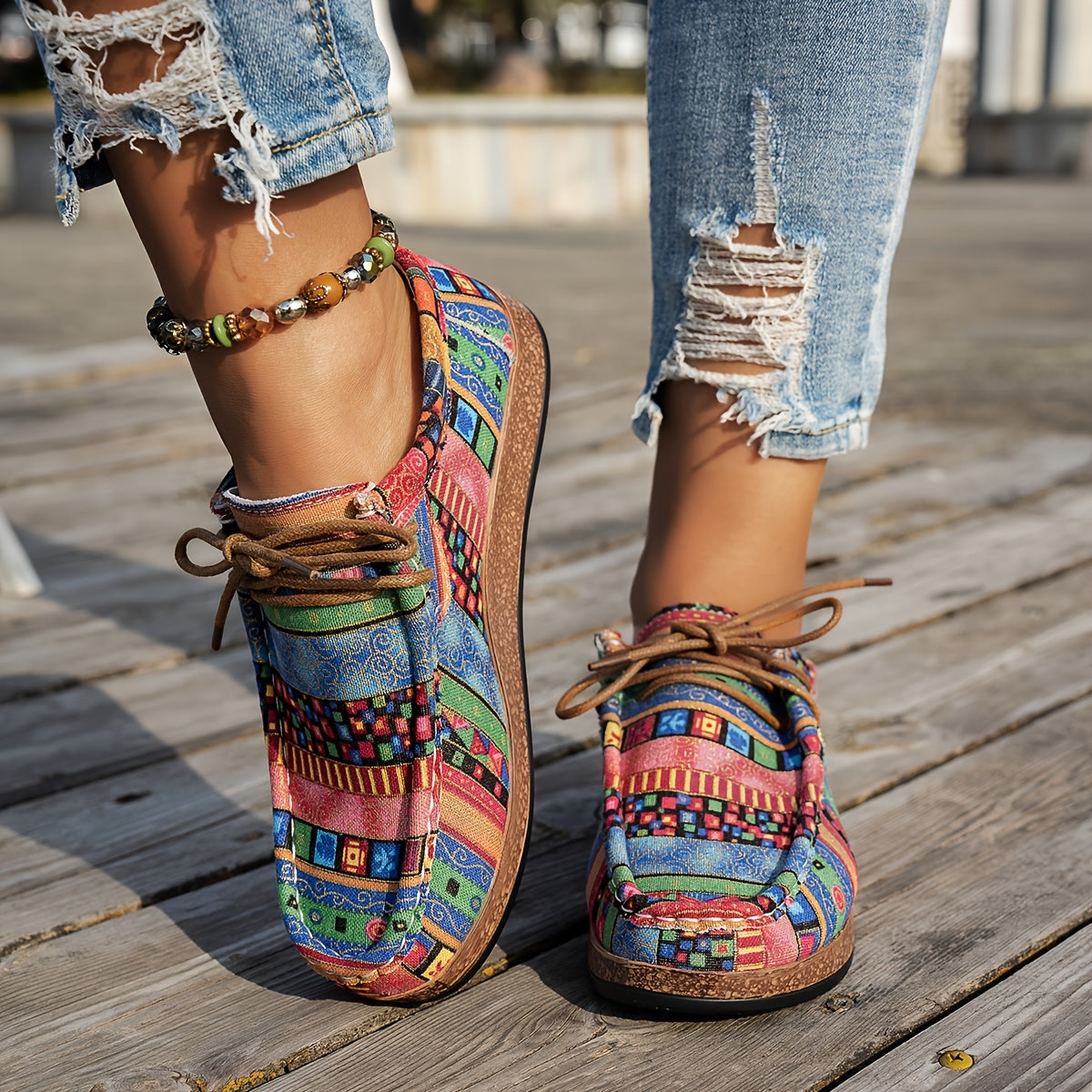 Zapatillas casuales de mujer con patchwork y cordones ajustables