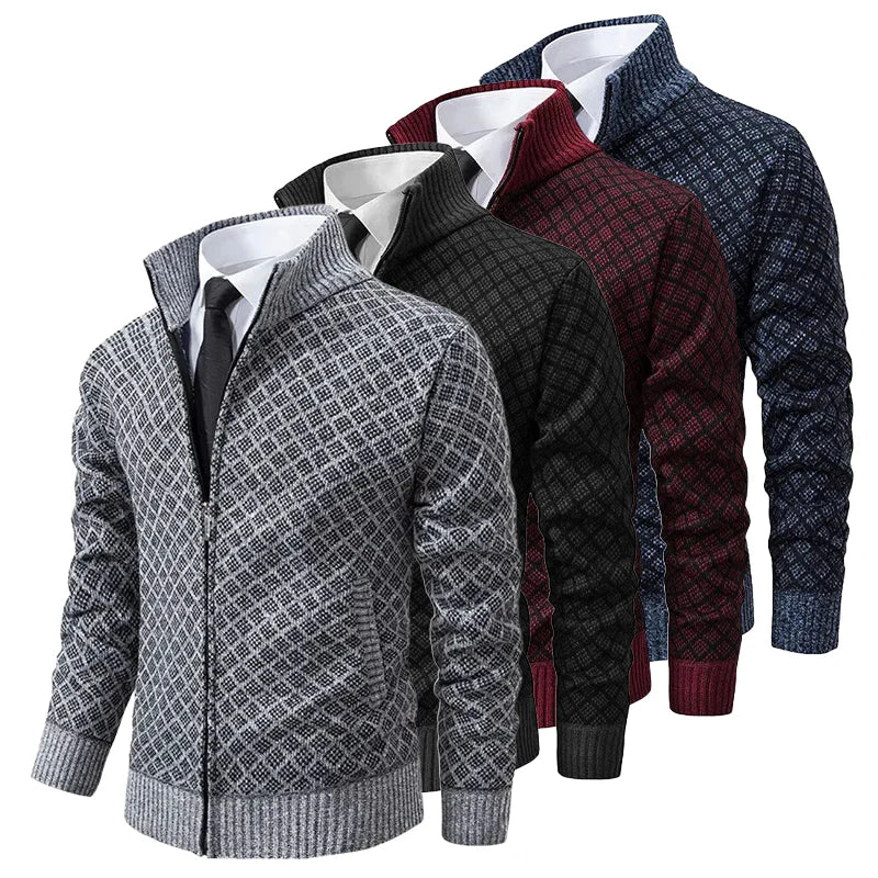 Cárdigan hombre cremallera cuello alto tejido jacquard romboidal moderno invierno