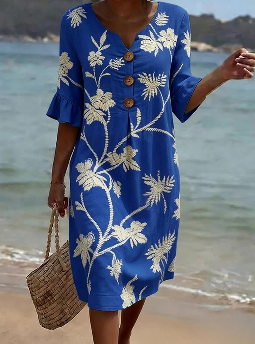 Vestido mujer algodón floral con botones y mangas 3/4