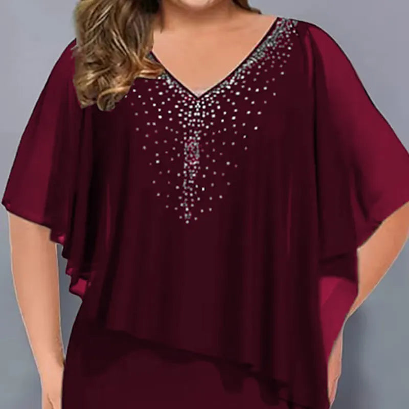 Vestido capa midi para mujer con strass y superposición de gasa