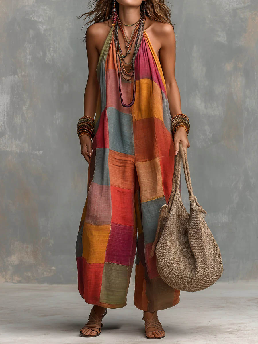 Mono Patchwork de Algodón y Lino – Corte Amplio Veraniego Bohemio