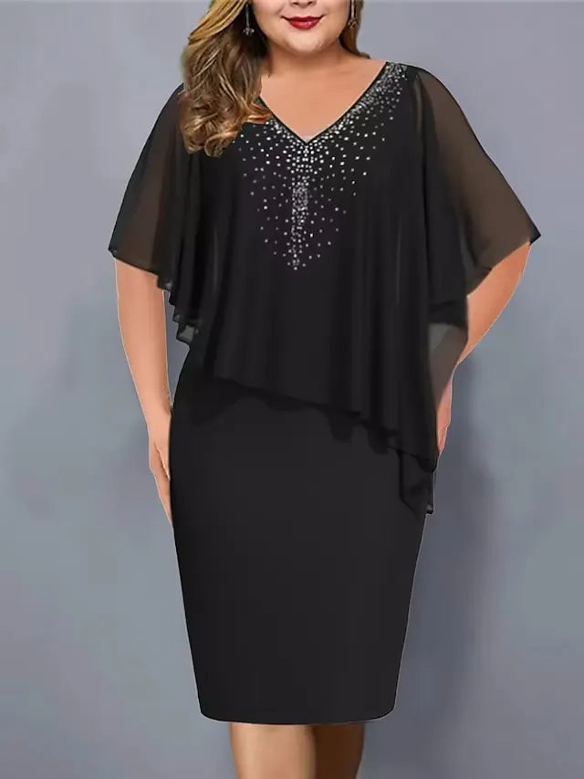 Vestido capa midi para mujer con strass y superposición de gasa