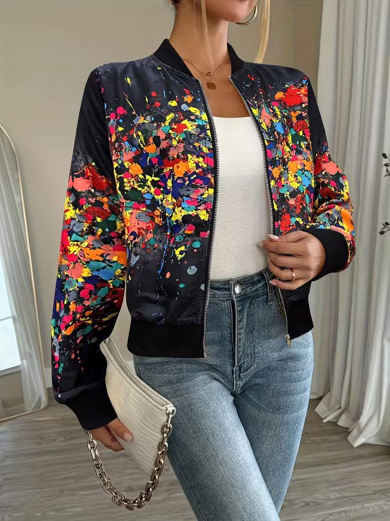 Chaqueta bomber de mujer con estampado abstracto y cremallera