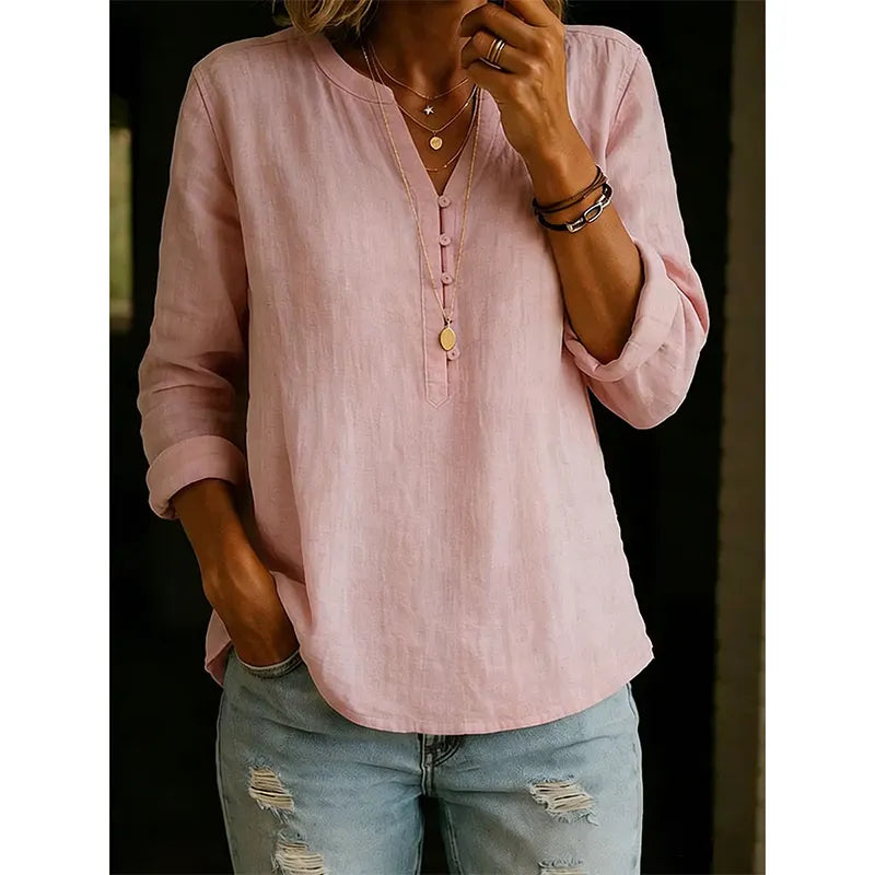 Camisa mujer amplia con cuello en V y botones