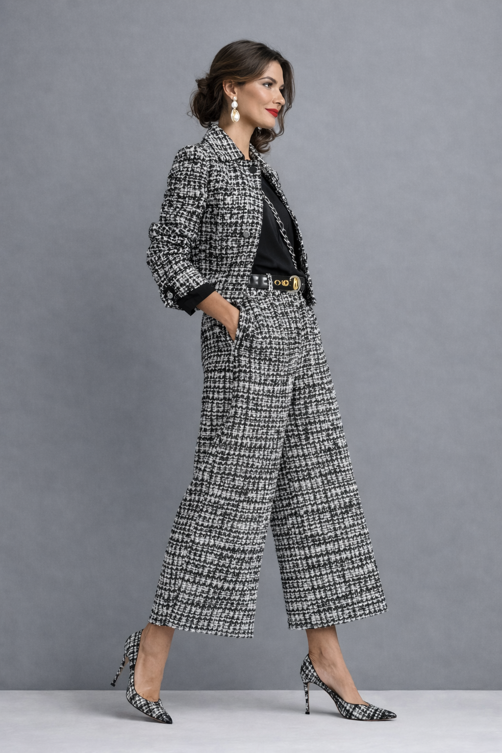 Conjunto de mujer en tweed con chaqueta corta y pantalón ancho