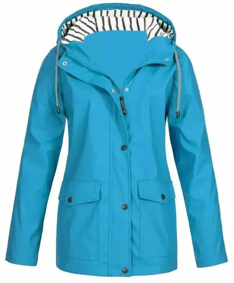 Chaqueta impermeable de mujer con capucha y bolsillos frontales