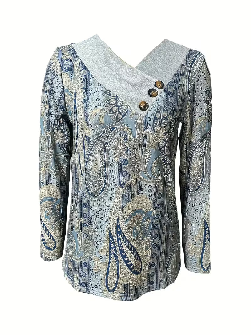 Top de mujer con estampado paisley, cuello drapeado y botones