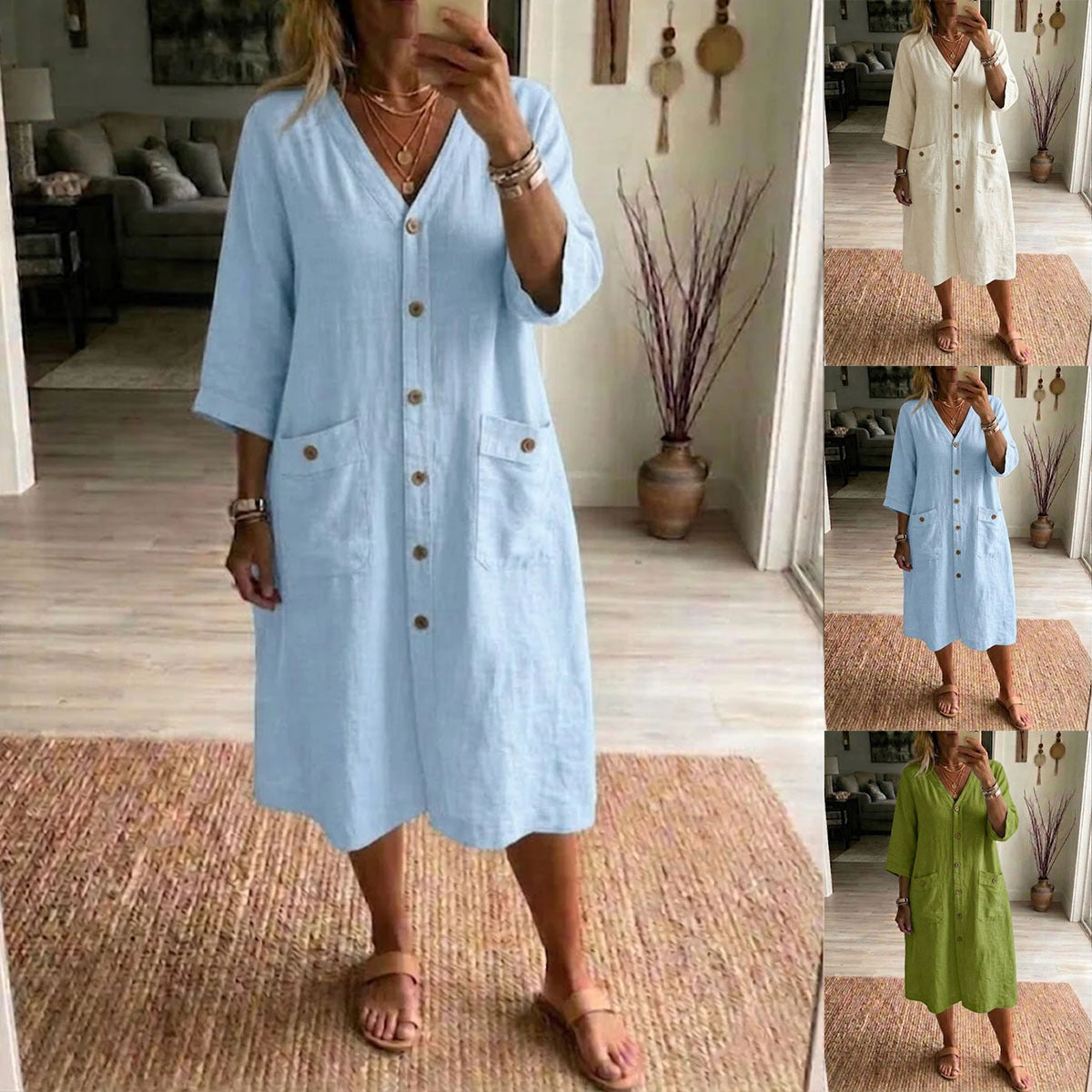 Vestido Mujer Midi Algodón Lino con Botones – Estilo Casual y Elegante