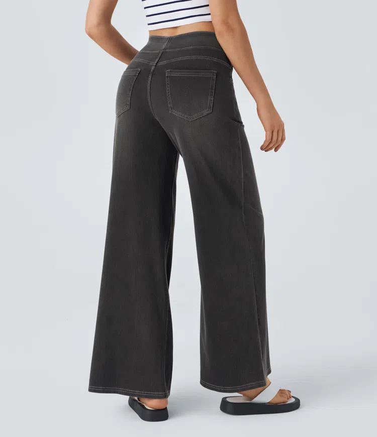 Jean mujer pierna ancha talle alto denim elástico moldeador casual moderno