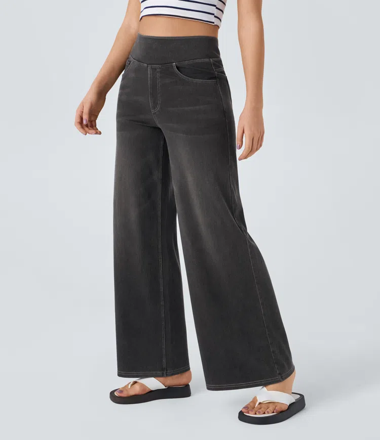 Jean mujer pierna ancha talle alto denim elástico moldeador casual moderno