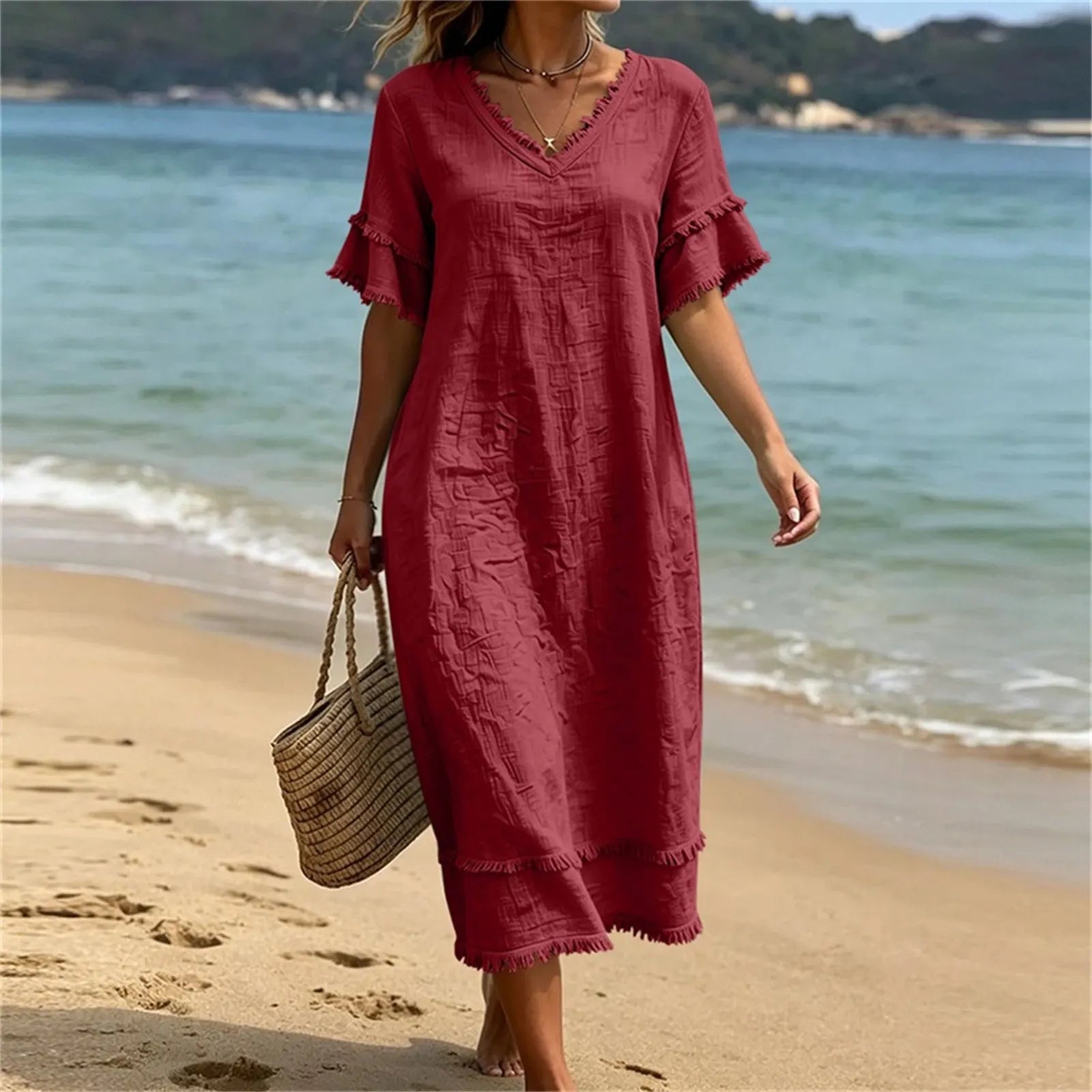 Vestido mujer bohemio con cuello en V y flecos