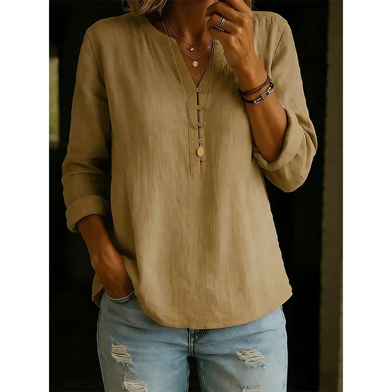 Camisa mujer amplia con cuello en V y botones