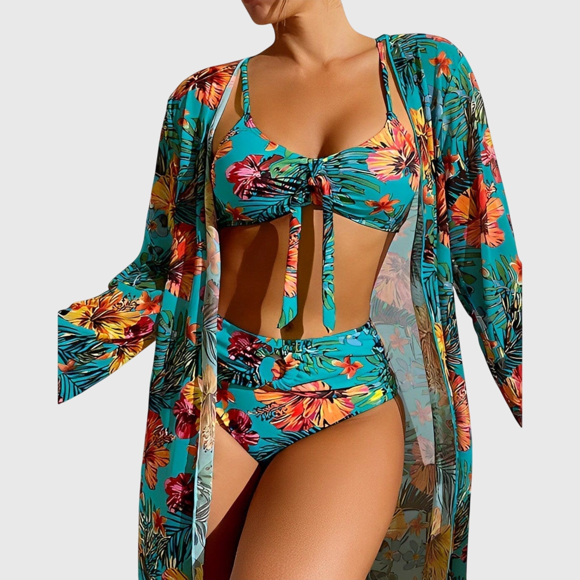 Bikini tres piezas mujer tropical top lazo cintura alta kimono playa verano