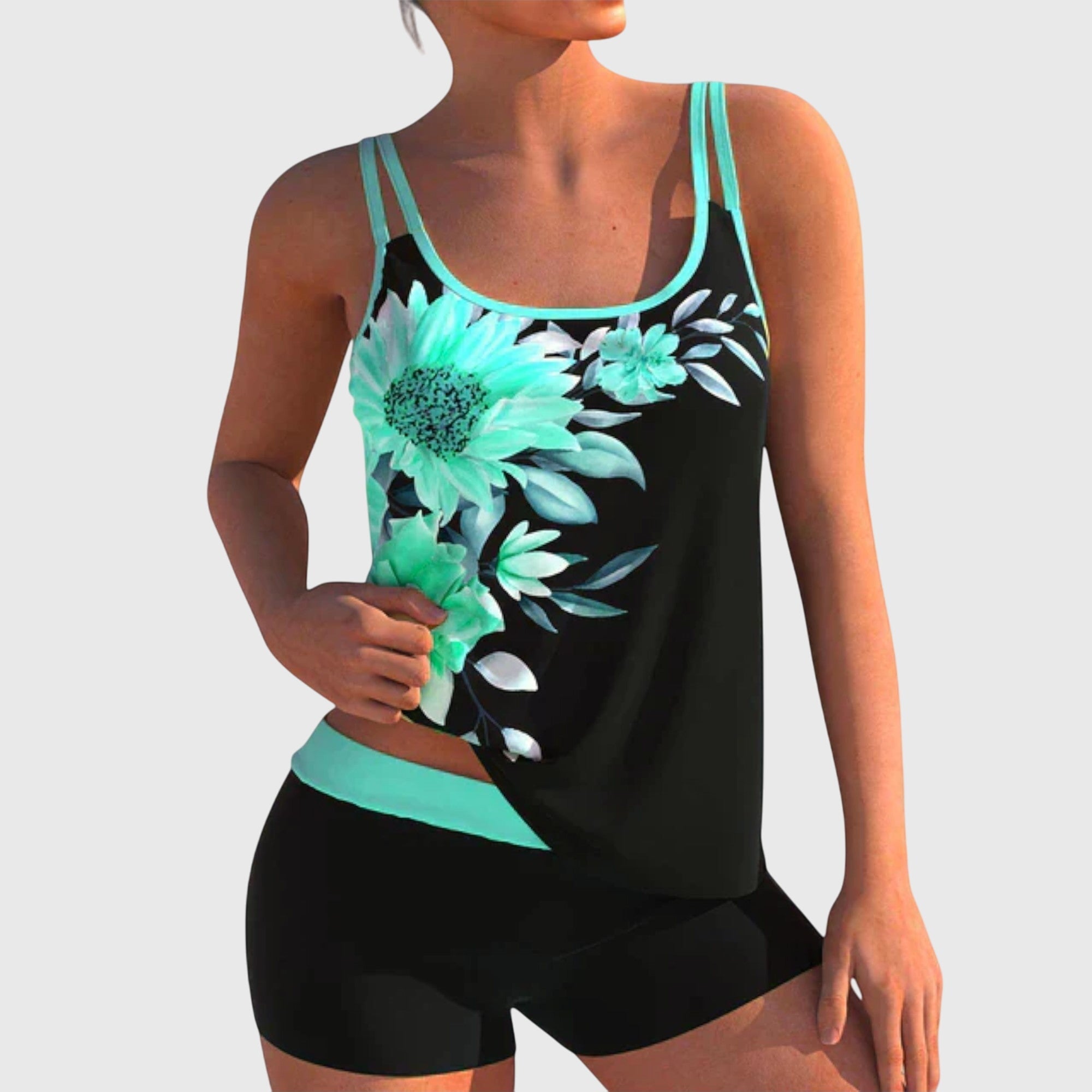 Tankini mujer dos piezas estampado floral rosas top tirantes dobles shorts playa