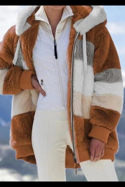 Chaqueta cálida mujer con capucha y bloques de color