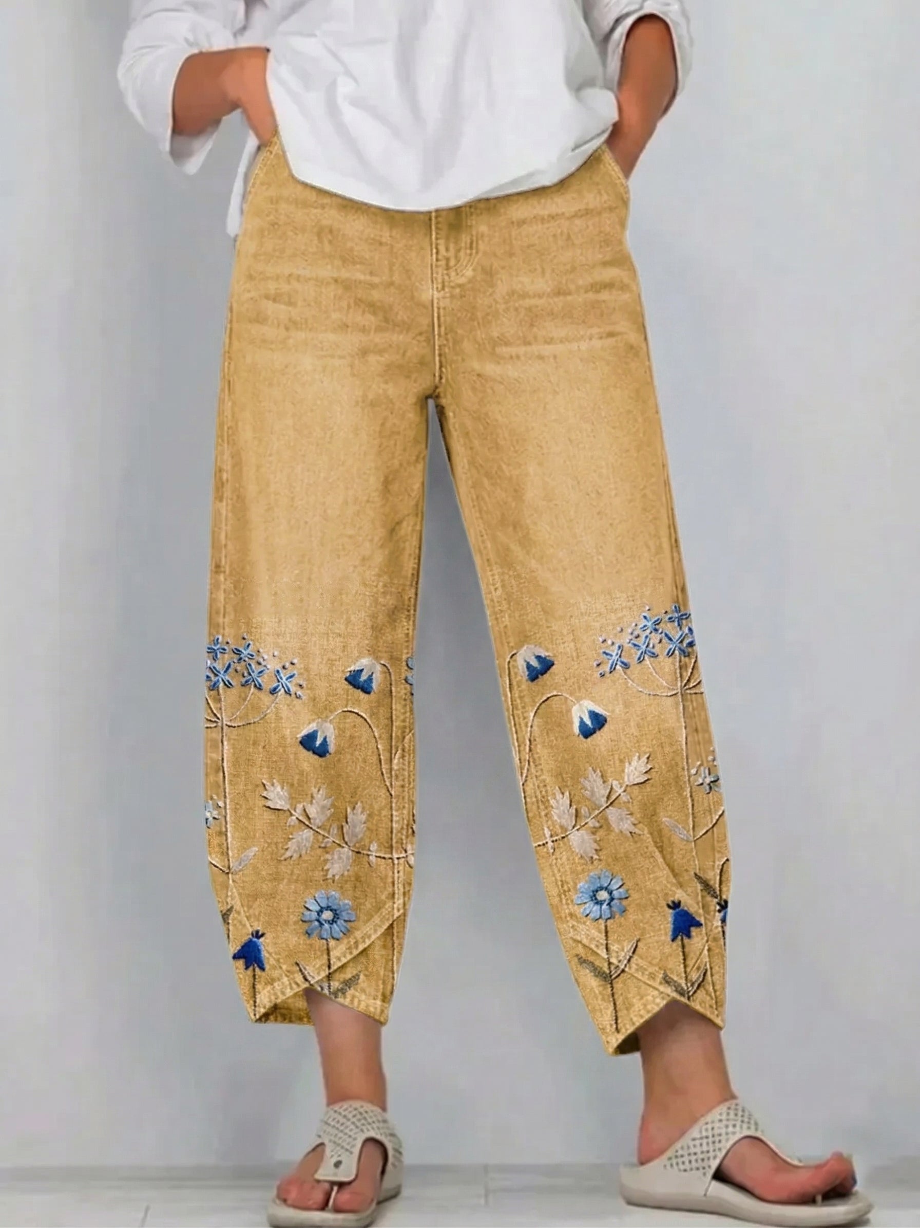 Pantalón mujer denim algodón bordado floral bajo pierna corte recto casual boho