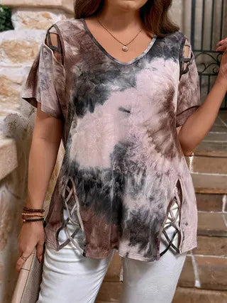 Blusa mujer con estampado tie-dye y detalles entrelazados
