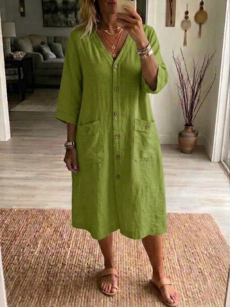 Vestido Mujer Midi Algodón Lino con Botones – Estilo Casual y Elegante