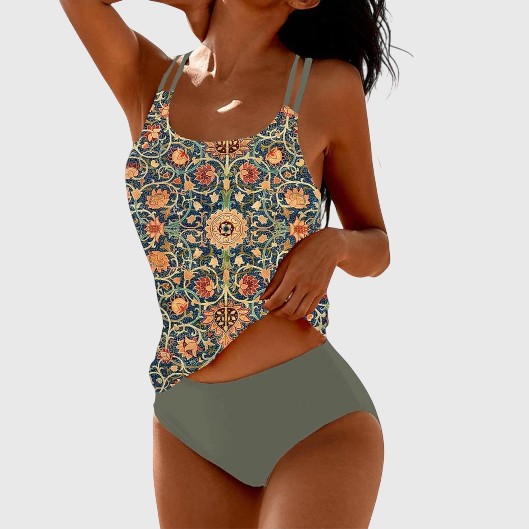 Tankini mujer dos piezas estampado floral vintage tirantes dobles parte inferior lisa