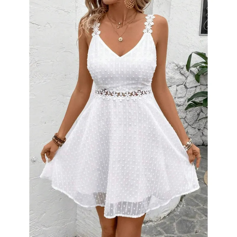 Vestido mini mujer plumetis con tirantes de encaje y escote en V