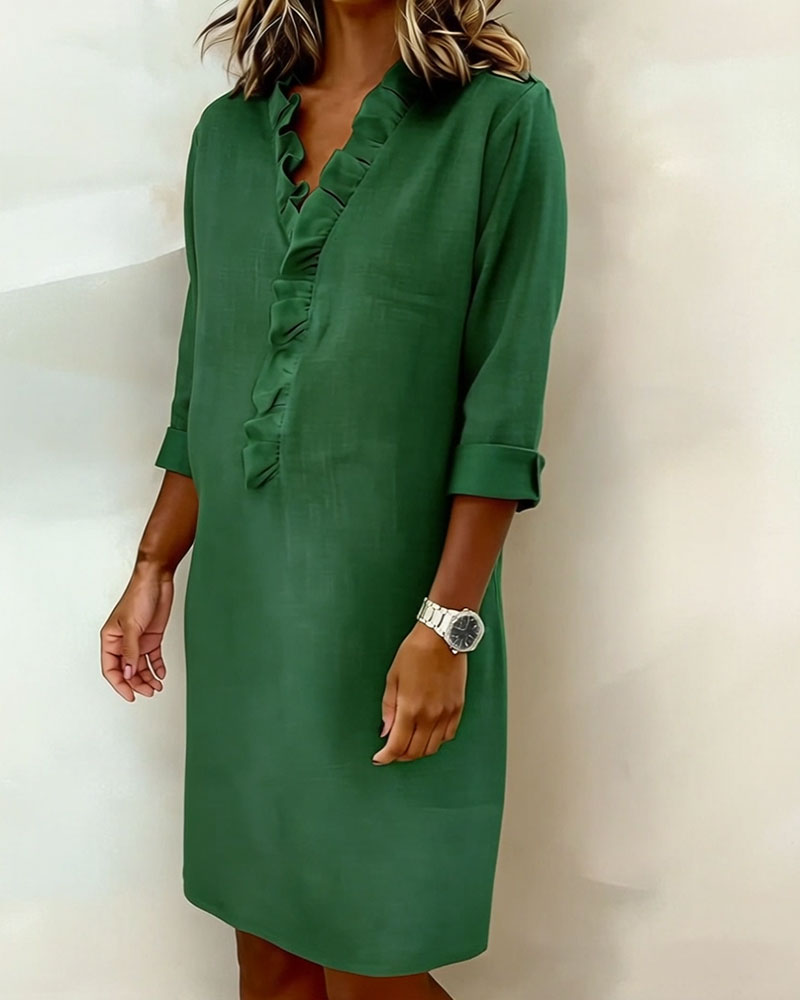Vestido mujer lino algodón escote V volantes elegante casual