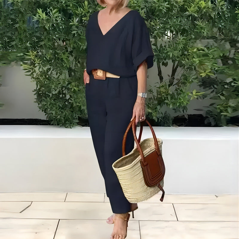 Conjunto mujer cuello V pantalón recto bolsillos casual chic