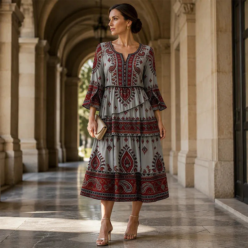 Vestido bohemio mujer con volantes y estampado étnico