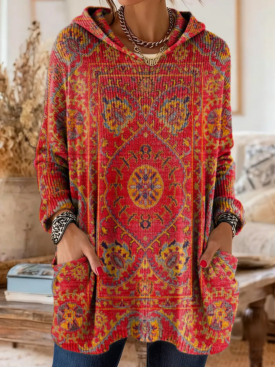 Túnica mujer con capucha retro estampada – cómoda y cálida