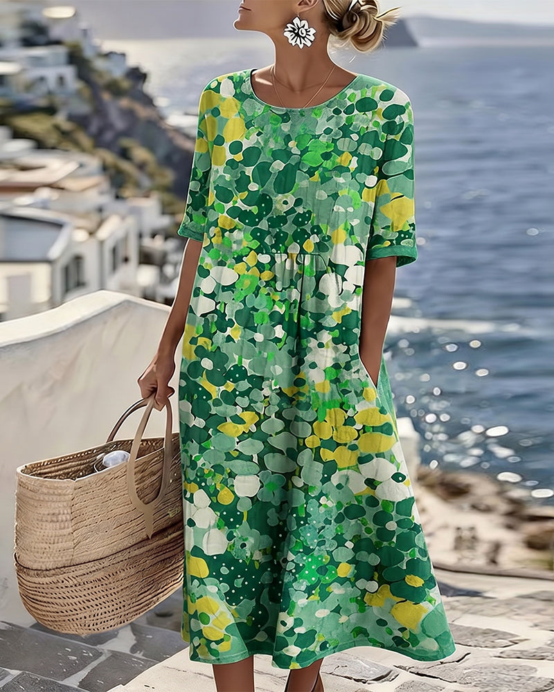 Vestido midi mujer algodón lino estampado flores abstractas bolsillos verano
