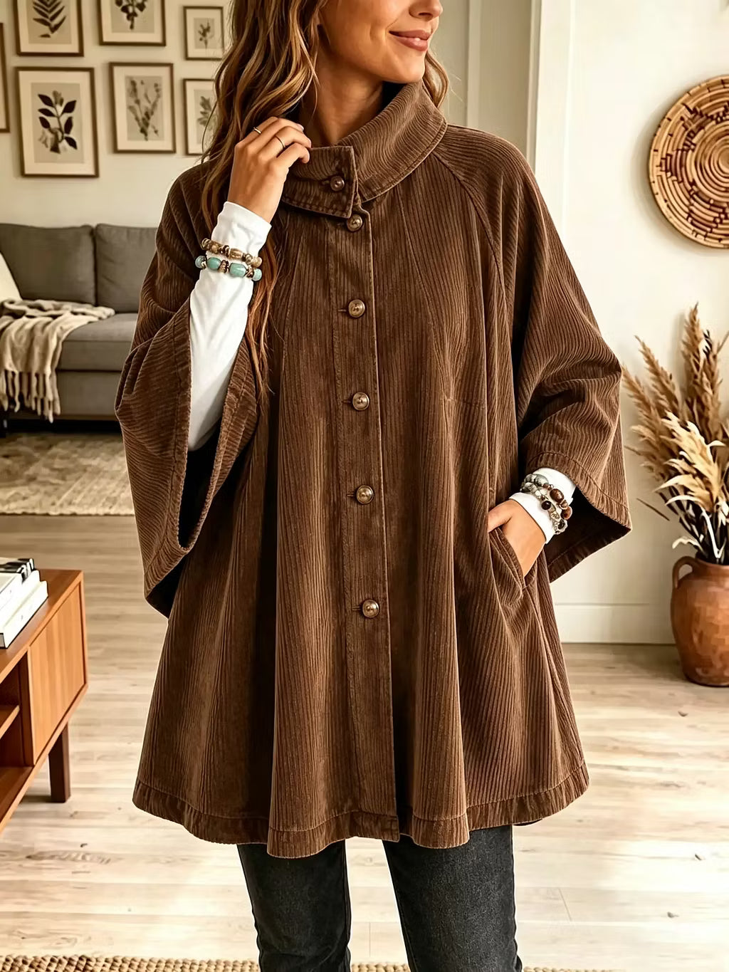 Capa oversize para mujer con cuello alto y cierre de botones