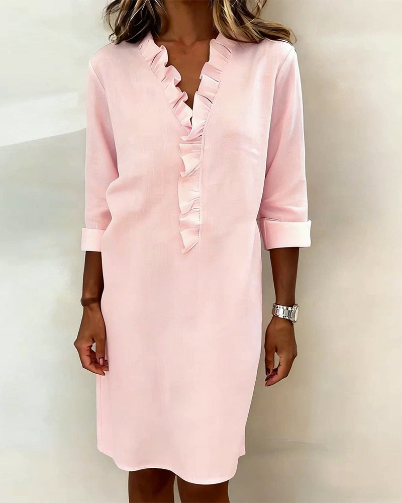 Vestido mujer lino algodón escote V volantes elegante casual