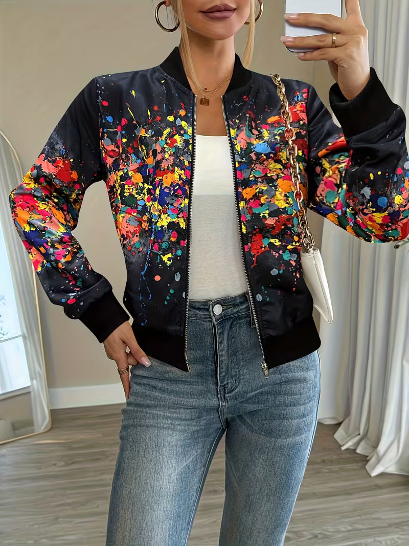 Chaqueta bomber de mujer con estampado abstracto y cremallera