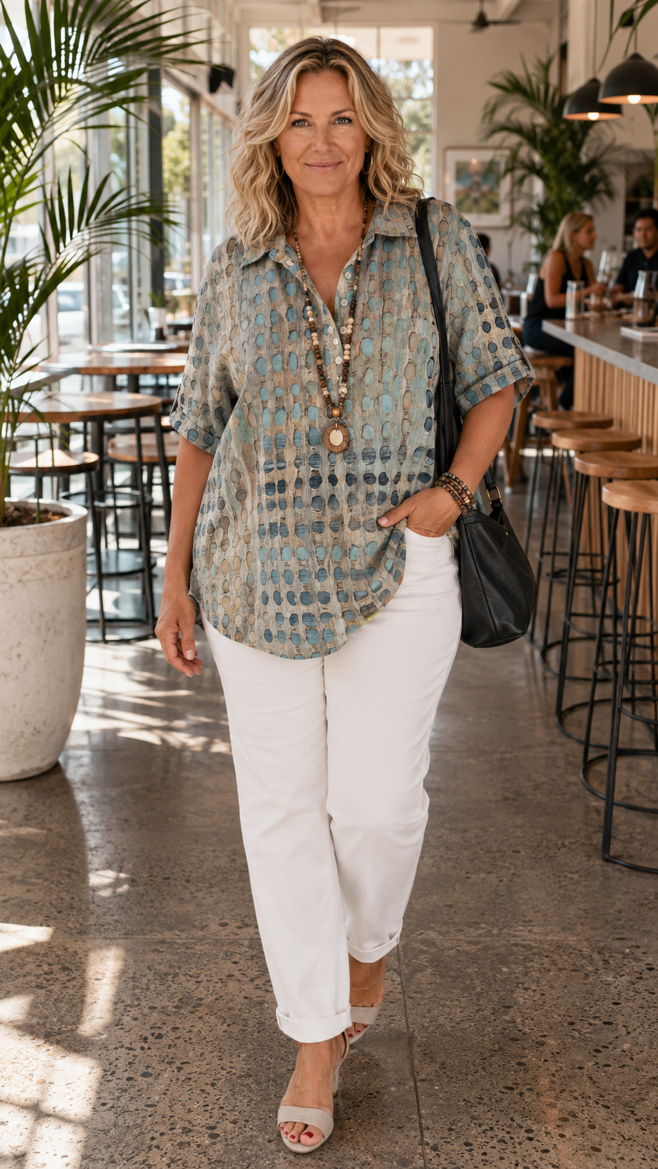 Top de mujer con diseño calado y cuello abotonado