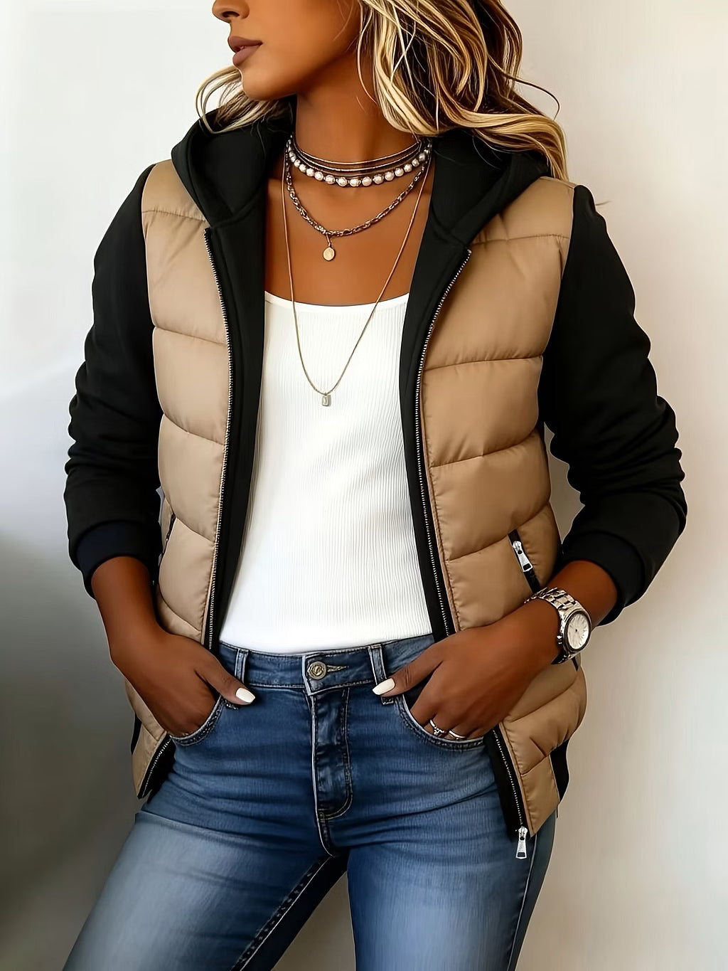 Chaqueta acolchada bicolor para mujer con capucha y cremallera