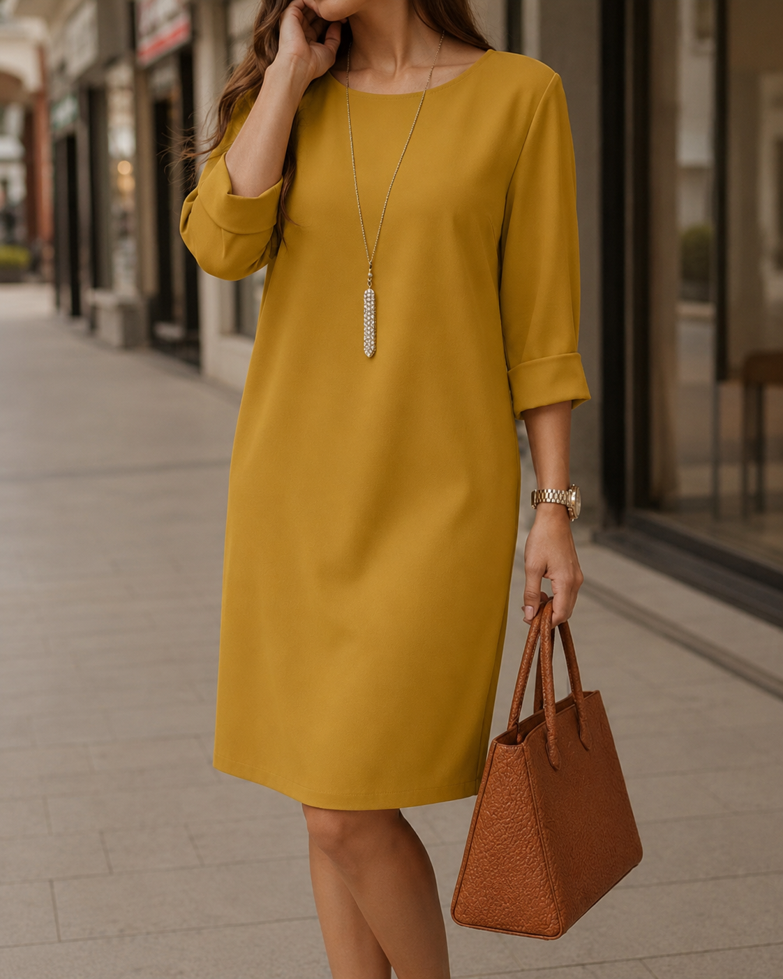 Vestido túnica mujer con cuello redondo y bolsillos