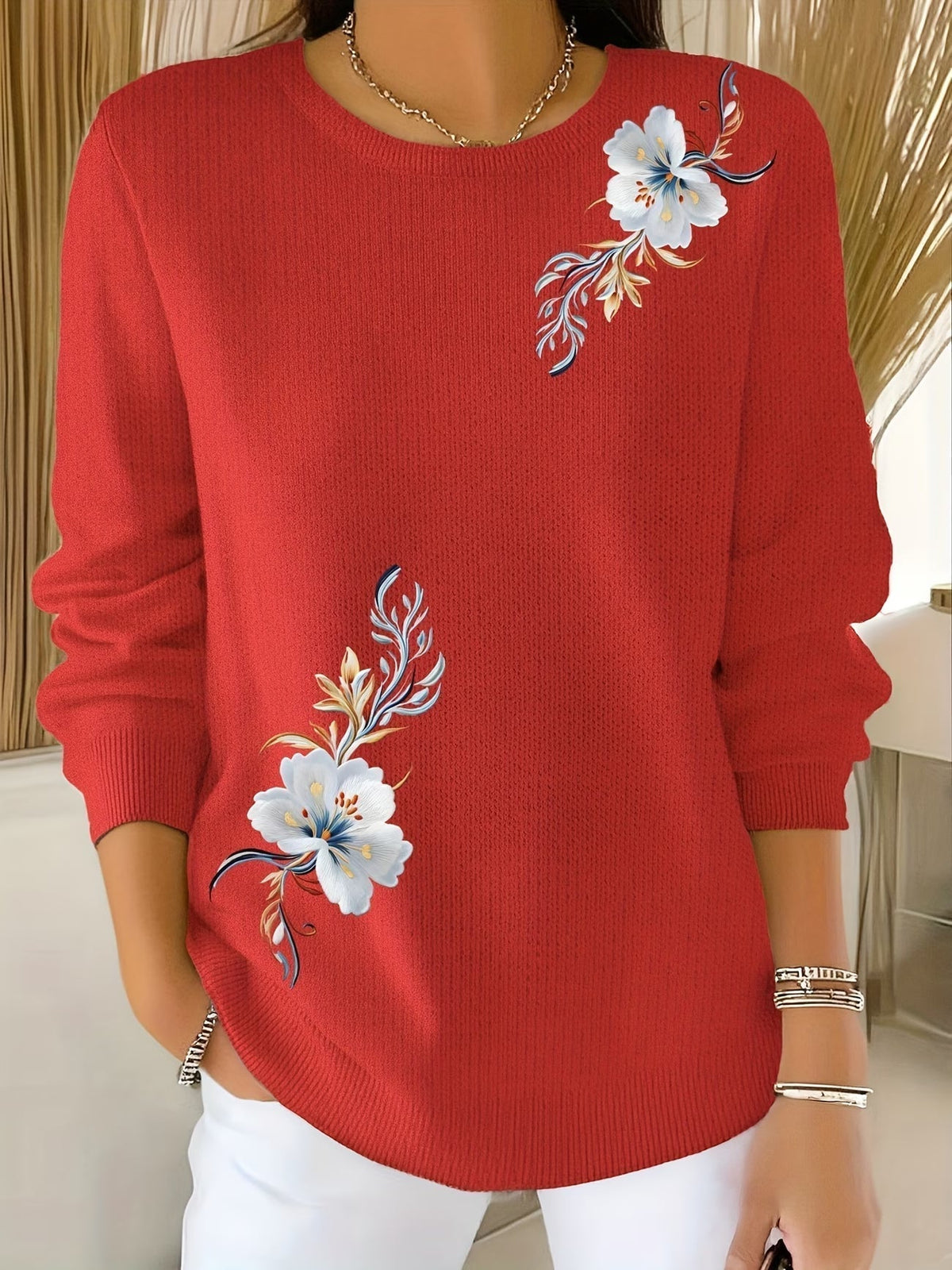 Suéter de mujer con flores estampadas y cuello redondo casual