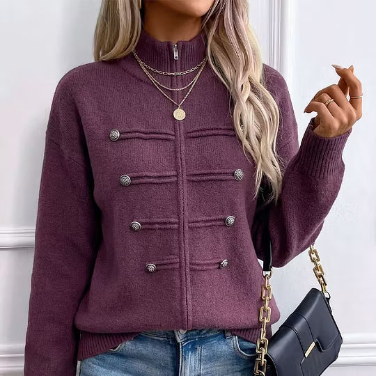 Cárdigan de punto para mujer con cuello alto, cremallera y botones decorativos
