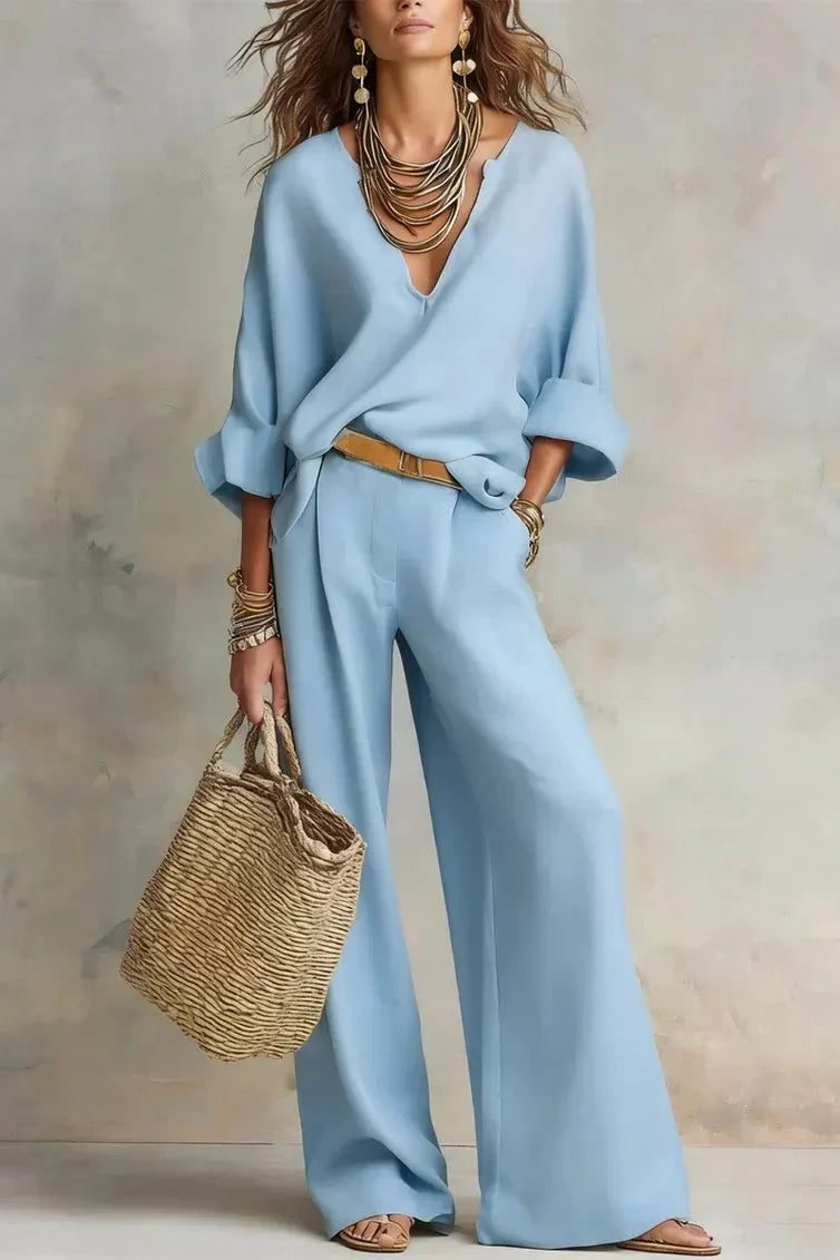 Conjunto mujer con escote en V y pantalón ancho