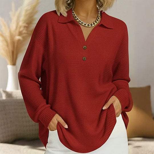 Blusa de manga larga para mujer con cuello polo y botones